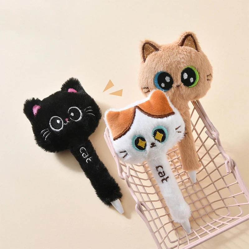 Creative Cute Cat Style Plush Gel Pen 0.5mm Fine Point Black Quick-Drying Clickable Office School Stationery Gift