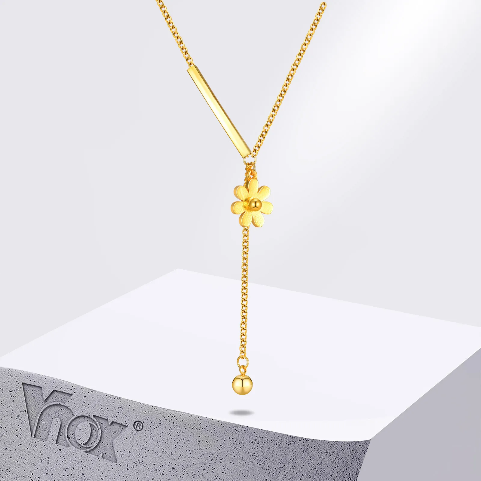 Vnox Daisy Charm Long Tassel Necklaces for Women Girls, Sweet Flower Pendant Ckokers, Gold Plated Stainless Steel Y Collar