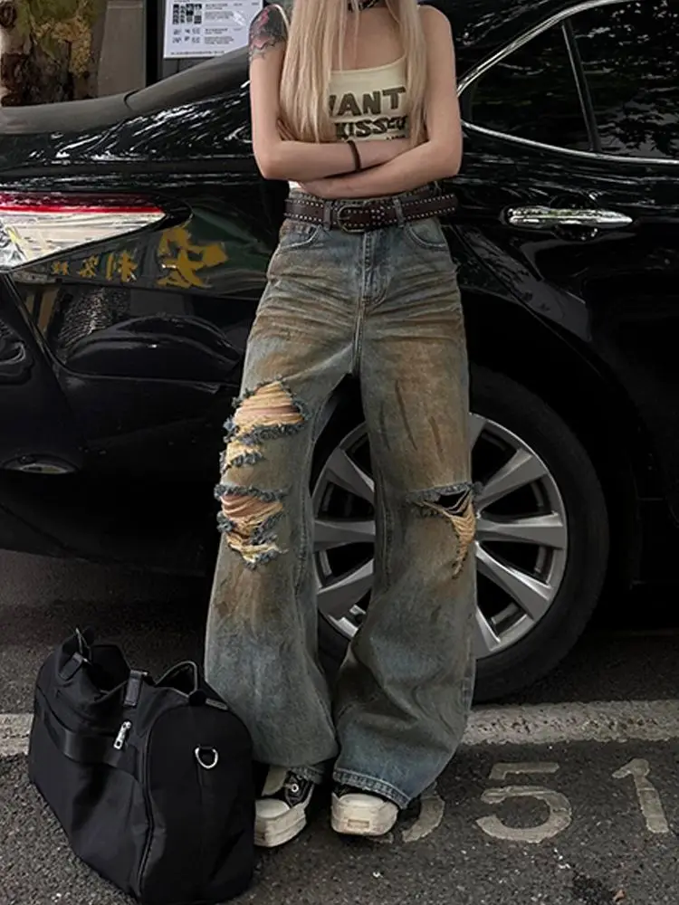 

Американские уличные джинсовые брюки с отверстиями тай-дай, летние винтажные потертые джинсы для женщин, новинка 2023 года, свободные широкие брюки с высокой талией