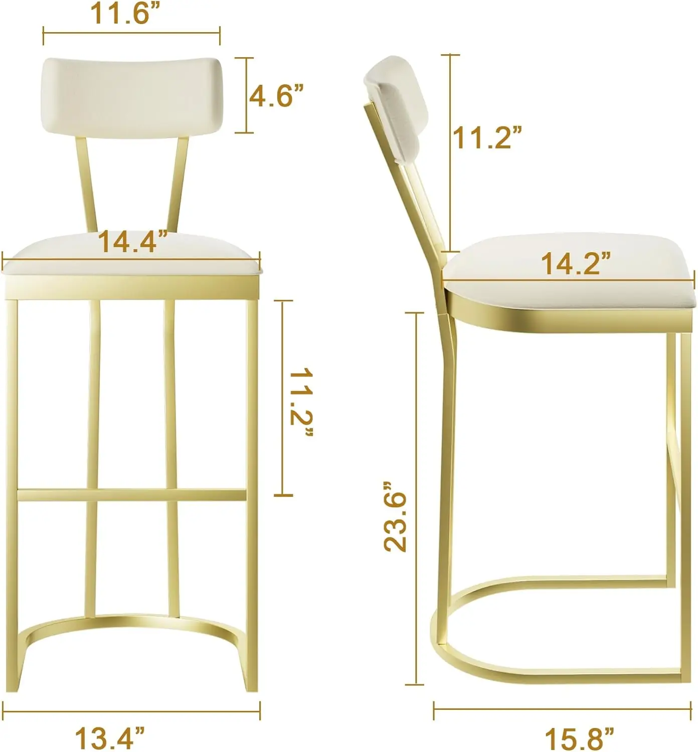 Set of 2 - High Back Counter Height Bar Stools with White Velvet Upholstery & Gold Metal Legs, Soft Padded Kitchen Island Stools