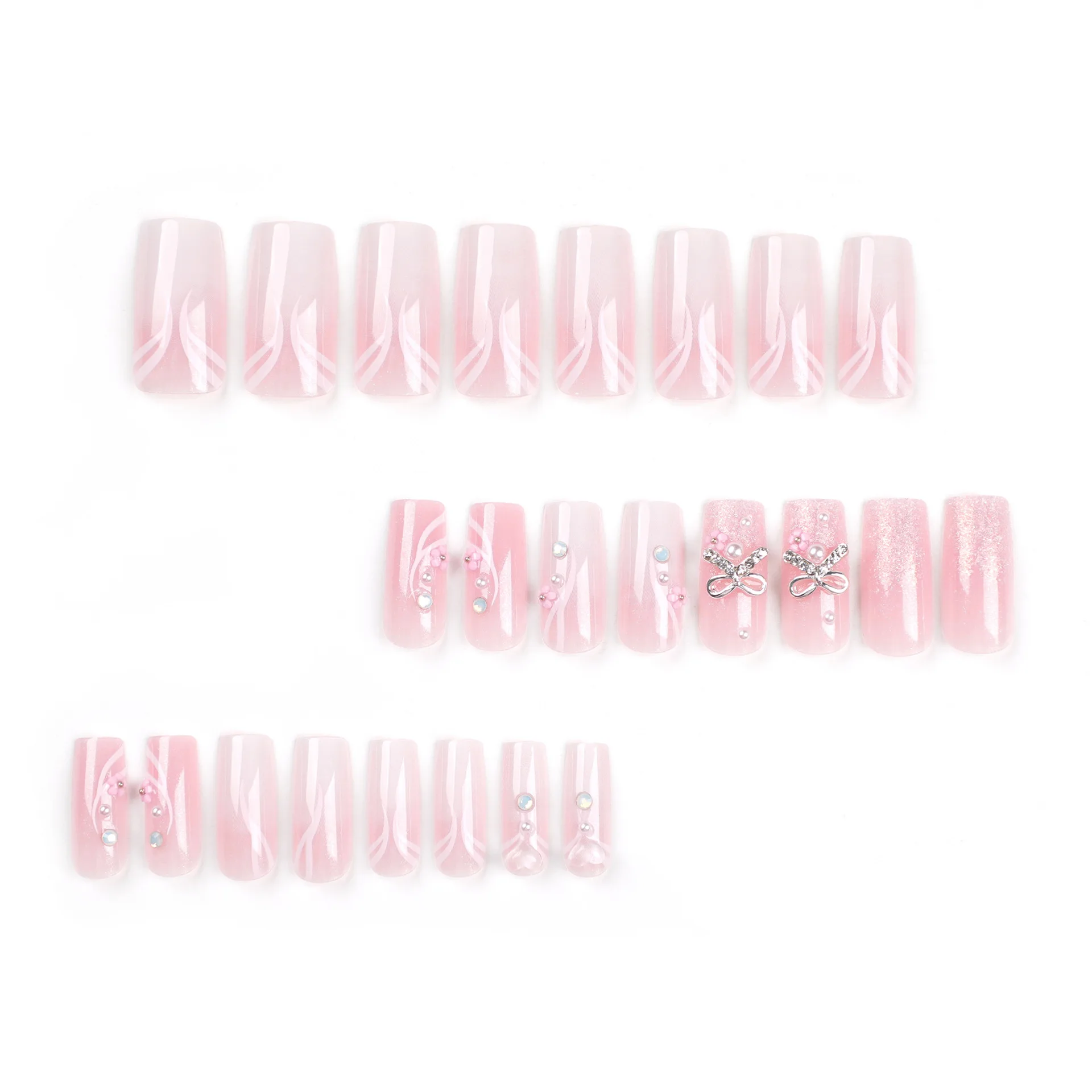 24 Stück mittelgroße rechteckige künstliche Nägel, Schleife, Glitzerpulver, tragbare Maniküre, zum Aufdrücken der Nägel, solide