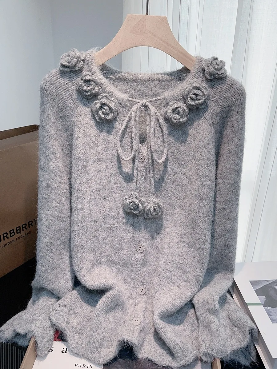 

Мягкий уютный женский трикотаж свободного кроя, осень-зима, ленивый, с цветочным 3D-дизайном, повседневный топ, удобный дышащий трикотаж...