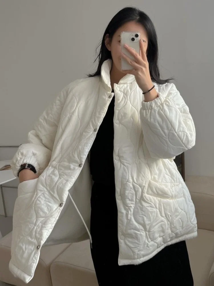 

Retro Diamond Pattern Dstring Waist Lamb Fur Lined Loose Cotton Jaet Women's Inner Coat Spring Autumn Winter Faion