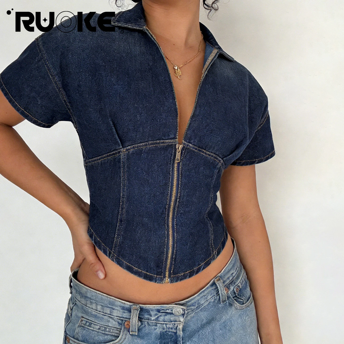 

[RUOKE] Streetwear Faux Denim Crop Top Women Spring Summer Zipper Fitted Waist Short Sleeve Shirts Casual Going Out Cowgirl Tops