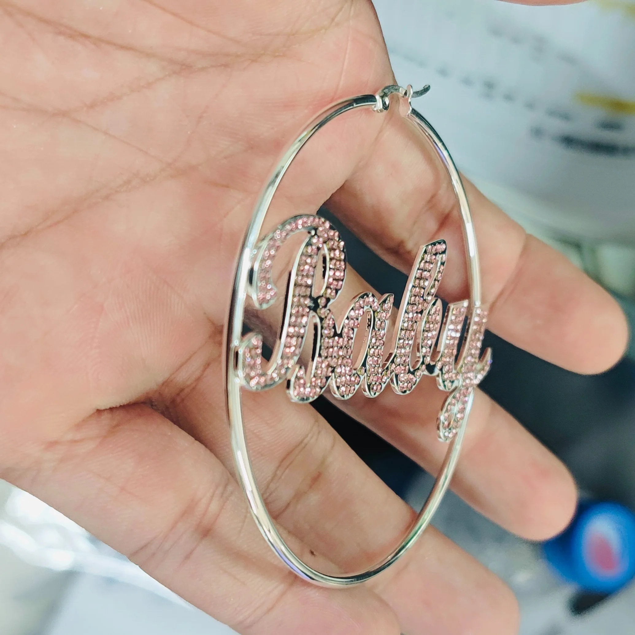 Custom Name Earrings With Diamond Customized Pink Bling Name Hoops Earrings Personalized Zircon Earrings Jewelry For Women Gift