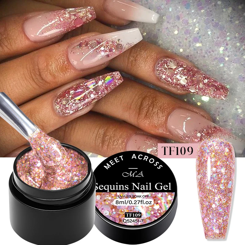 MEET ACROSS 8ml Sparkly Sequins Gel Nail Polish Pink Gold Silver Glitter Semi Permanent UV Nail Art Gel Varnish Manicure Design