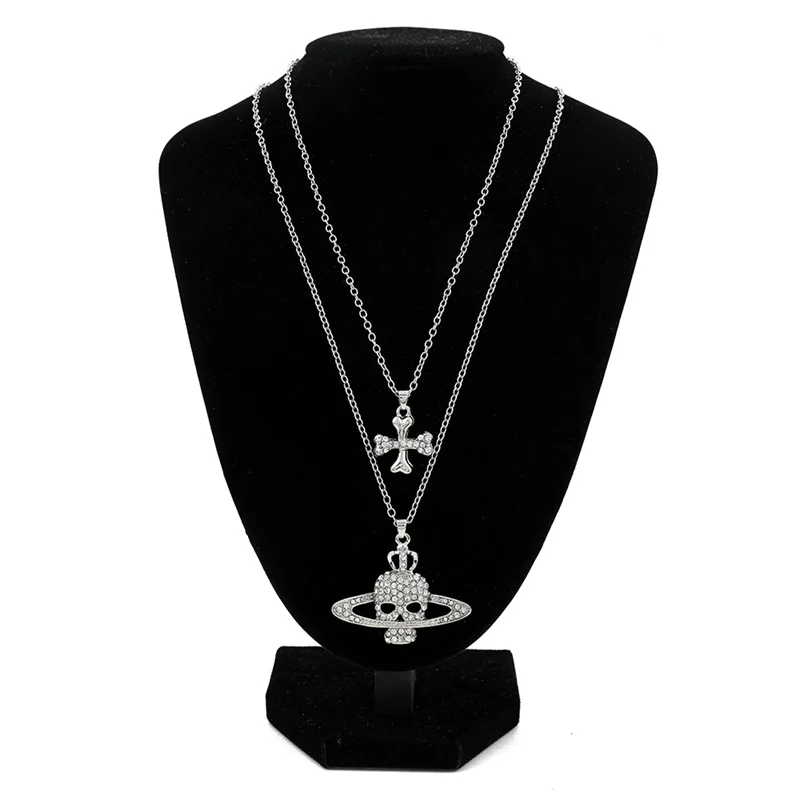Rhinestone Skull Pendant Long Cross Chain Necklace Vintage Punk Goth Style for Women Men Unique Wholesale Jewelry Accessory