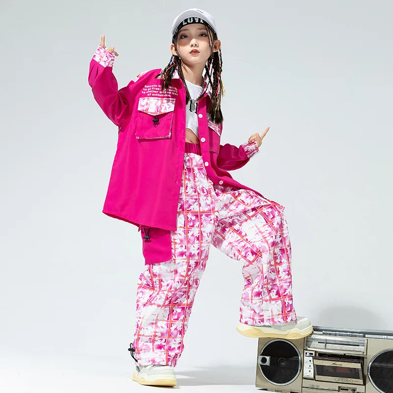 Kid Hip Hop Clothing Rose Oversized Shirt Checkered Print Casual Pockets Cargo Pants for Girl Boy Jazz Dance Costume Clothes Set