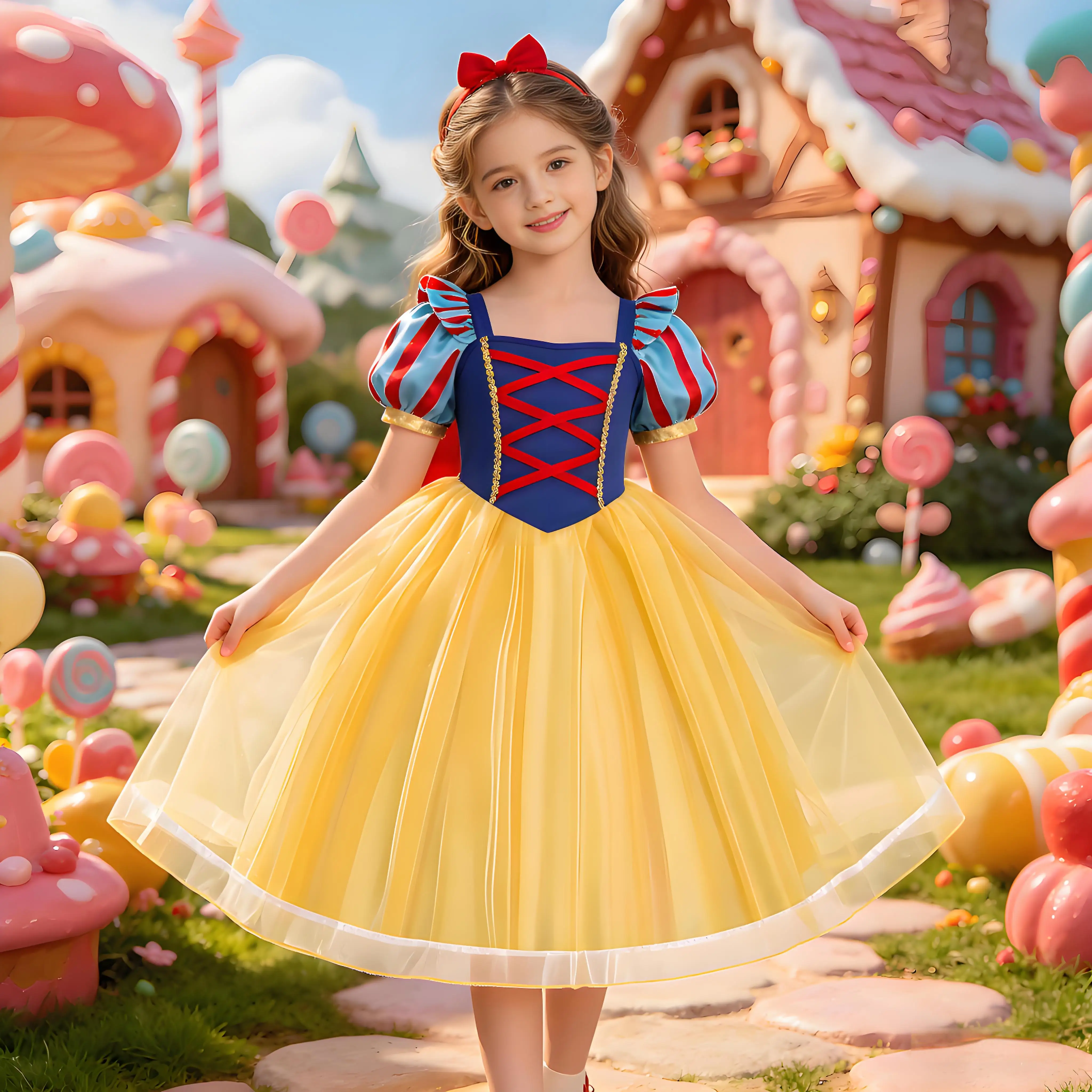 Summer Lightweight Short Sleeve Cute Snow White Yellow Dress Summer Beach Birthday Party Carnival Clothing + Accessories Set