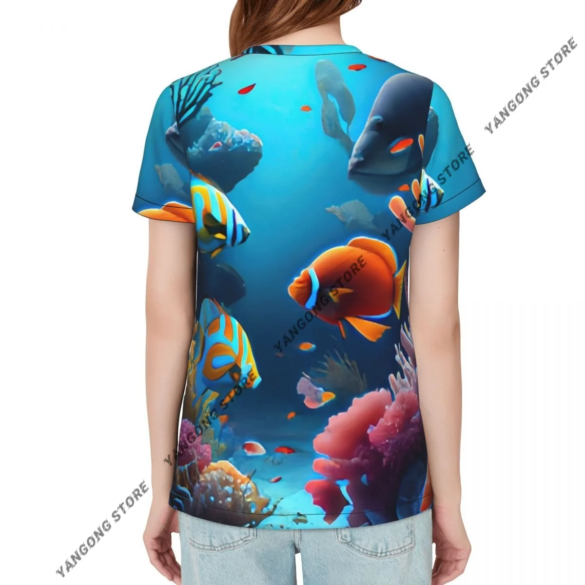Casual Summer Woman Skinny Fit T-shirt Tight Short-Sleeve O-neck Tee Basic Underwater Coral Reef Seascape Background T Shirt