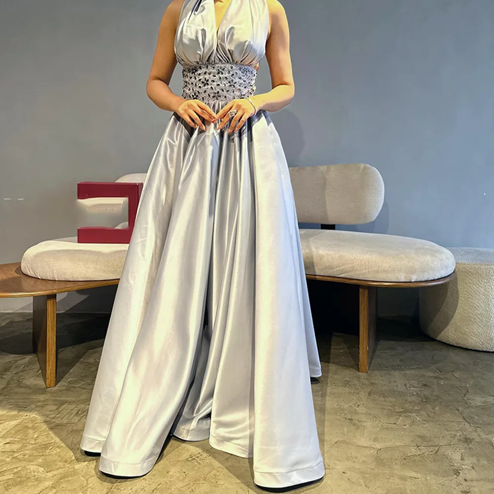 A-Line Halter Satin Sleeveless Photo Color Exquisite and Temperament Evening Gowns Crystal Pleats Custom Size Saudi Arabia 2024