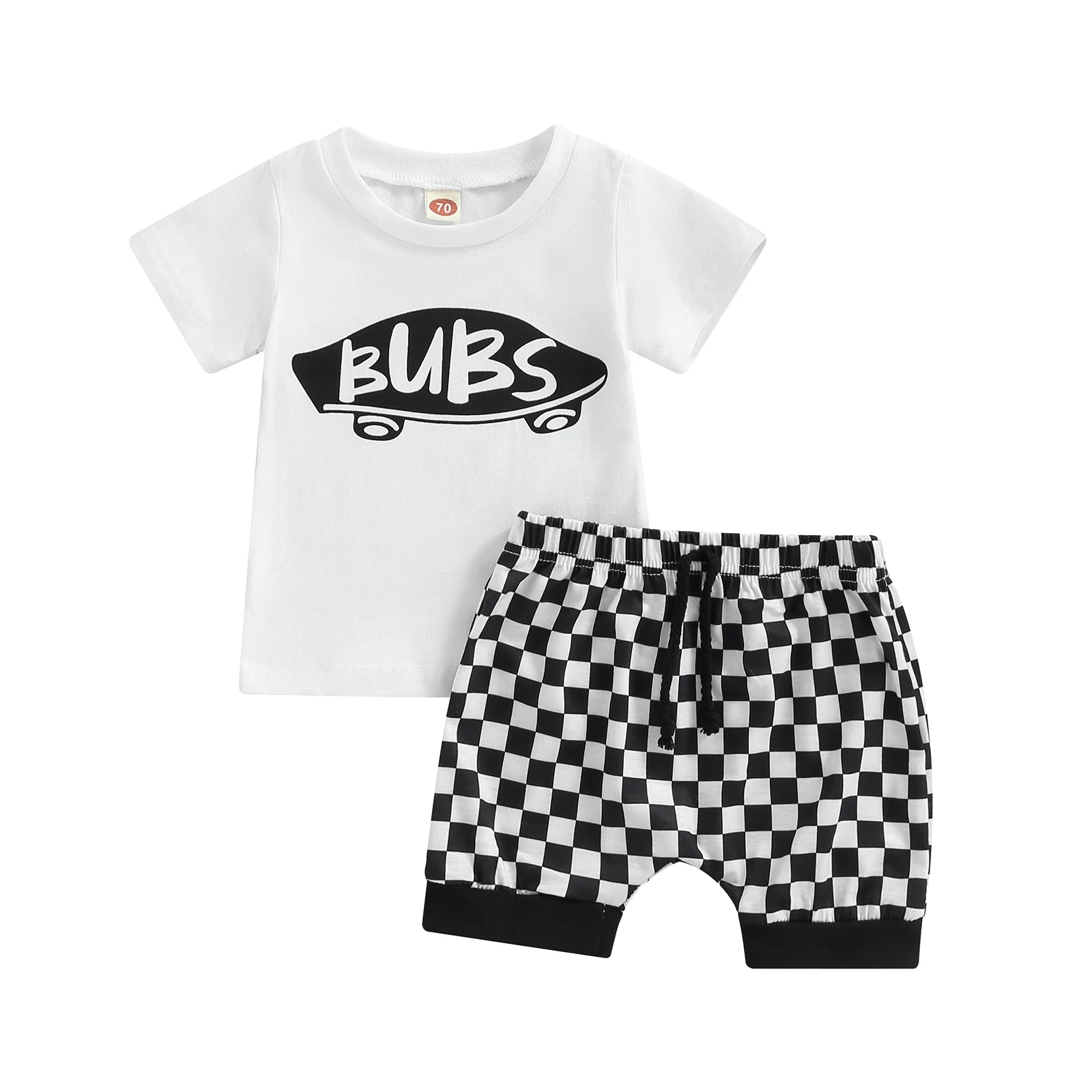 2022-04-02 Lioraitiin 0-24M Newborn Boys 2Pcs Outfits Short Sleeve Letter Printed T-Shirt Plaid Pattern Drawstring Shorts