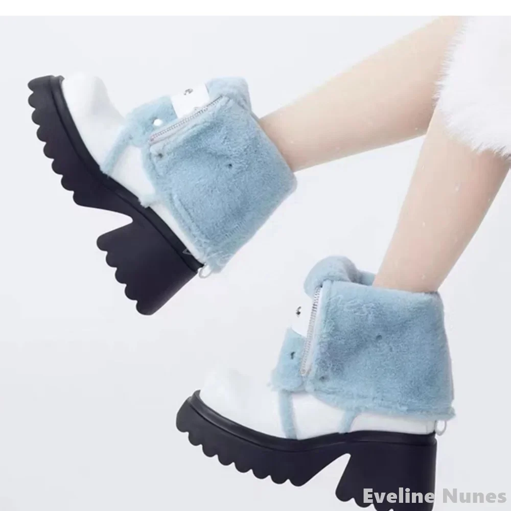 Fluff Platform Belt Buckle Snow Boots Women Round Toe Front Zipper Warm Anti Slip Boots 2024 Winter New British Style Long Boots