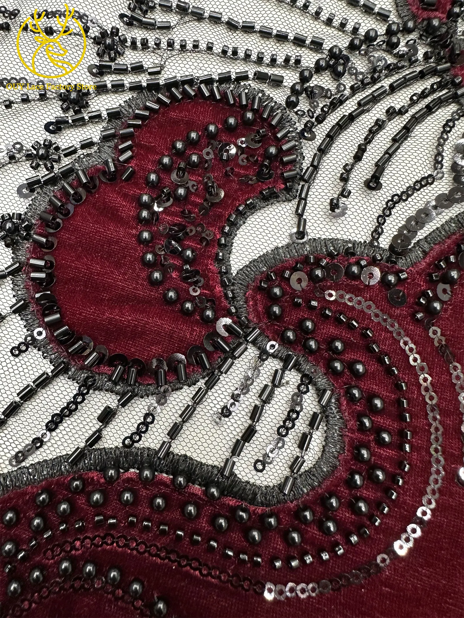 Luxuriöser afrikanischer Samtstoff mit goldenen Perlen und Pailletten, 5 Yards, weinrot, bestickter französischer Tüll für Damen-Partykleider – Detail 5