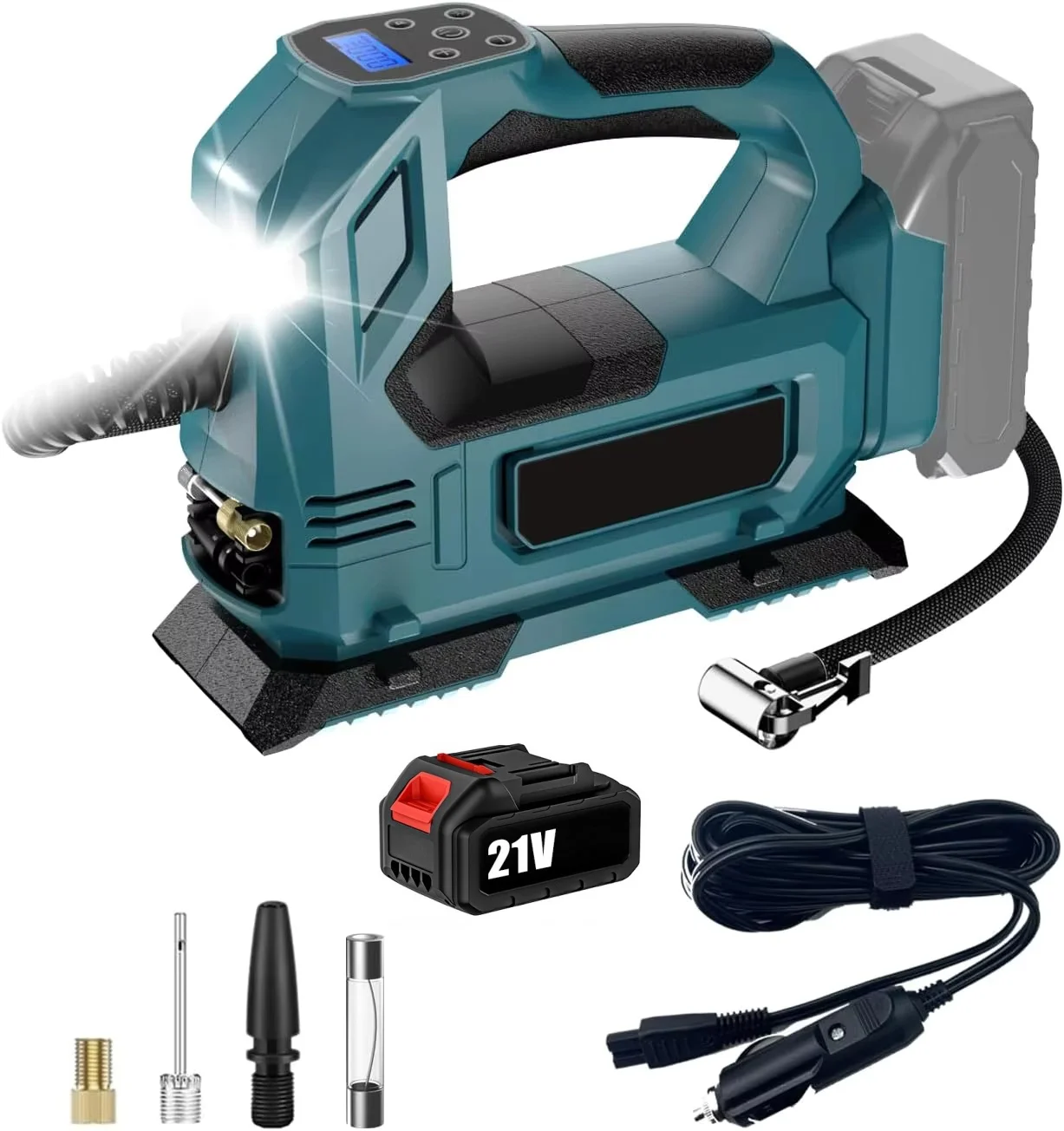 Compressore d'Aria Senza Fili, Pompa Elettrica Portatile per Gonfiaggio Pneumatici con Luce LED per Auto, Bici e Gonfiabili, Compatibile con Batteria Makita 18V