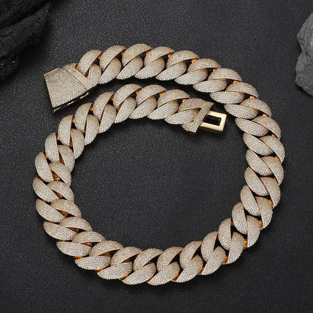 

BES 22mm Width Cuban Link Chain Prong Large Necklace Bracelet Hiphop Copper CZ Real Gold Plated Rapper New Arrival Men Jewelry