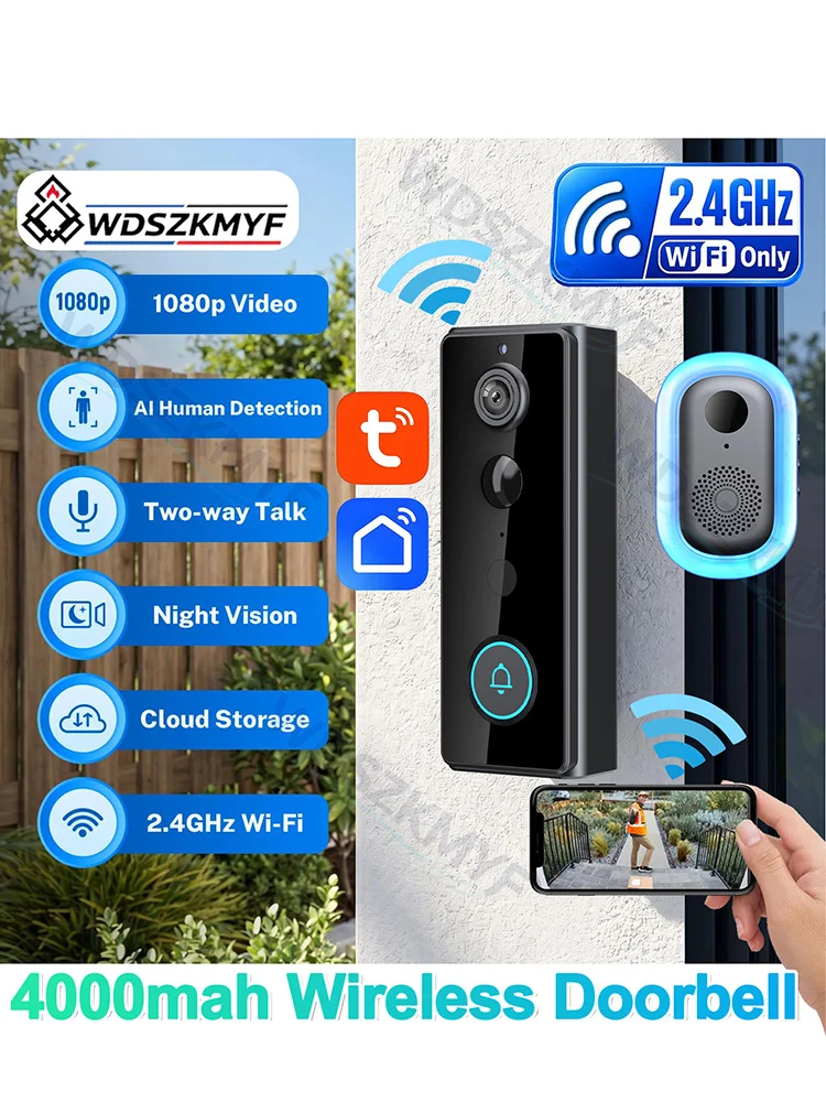 Tuya 2,4G WiFi Video-Türklingel mit 4000mAh 1080P Kabelloser Klingel Tuya APP Smart Intercom-Kamera IP65 Wasserdichte Türklingel