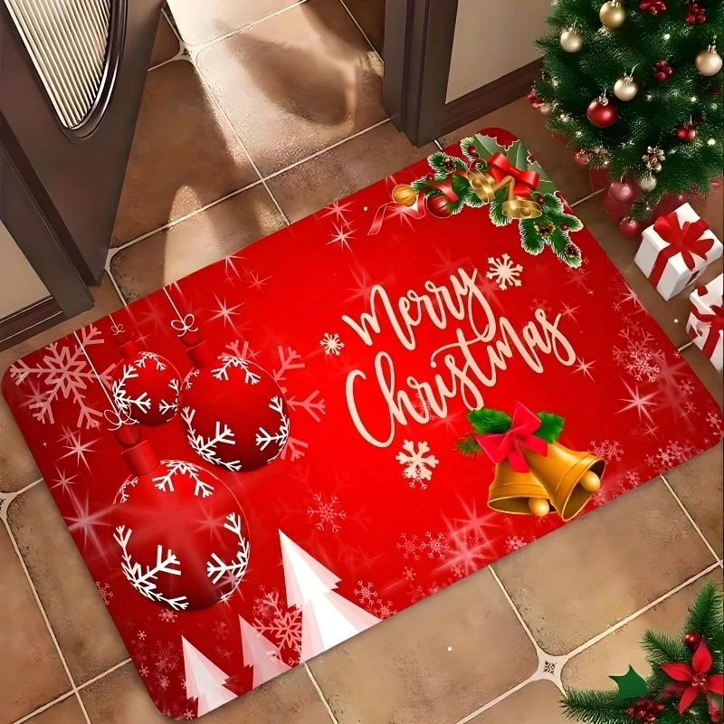 Red Merry Christmas Door Mat Snowflake Bauble Golden Bell Pine Branch Letter Print Classic Bright Festive Pattern Decor Entrance