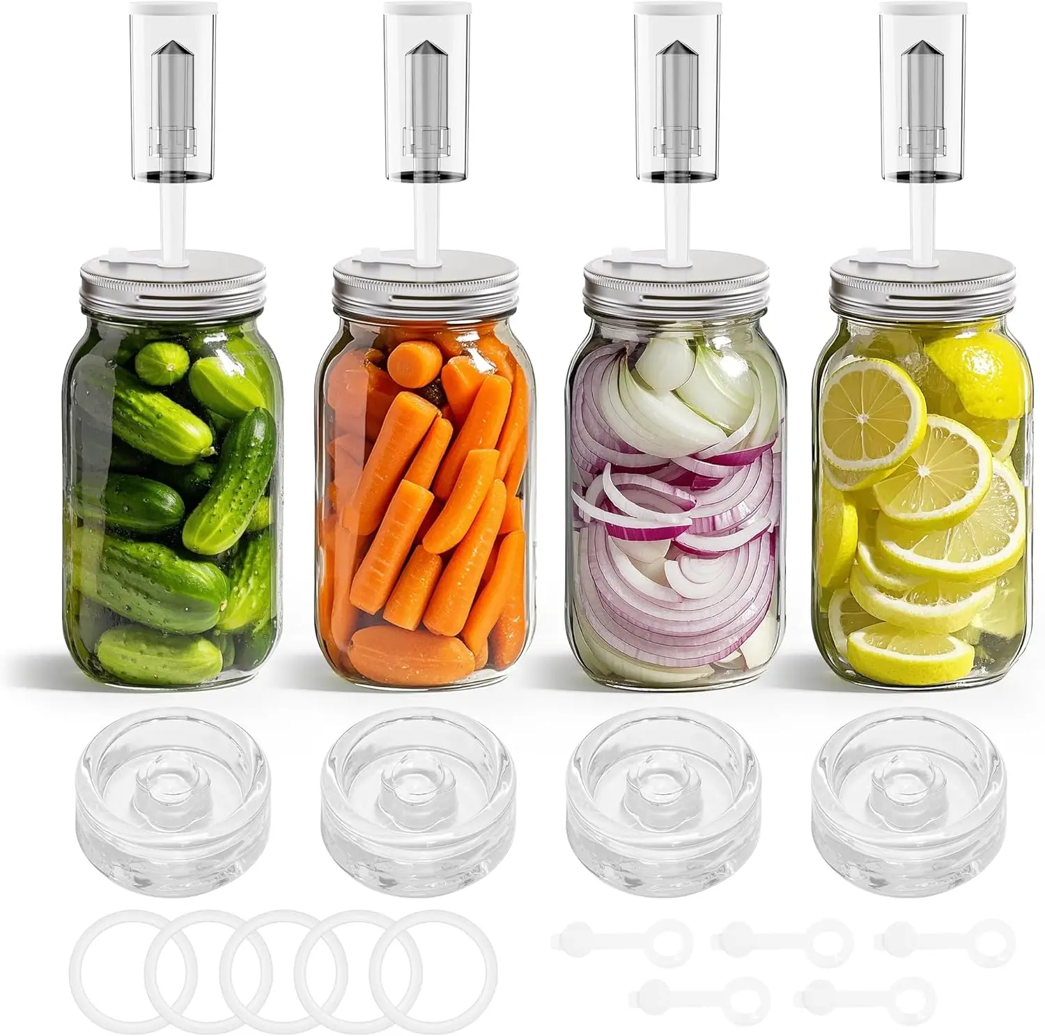 Kit de Fermentación para Tarros de Boca Ancha, Kit para Encurtidos/Aceitunas de Col con 4 Pesas de Vidrio para Fermentación, 4 Recipientes de Fermentación de Vidrio