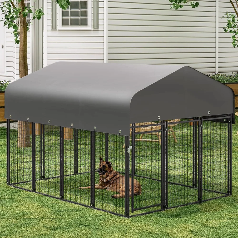 Extra-Large Dog Kennel with Waterproof Cover and Roof, Outdoor Heavy-Duty Pet Enclosure with Lockable Door, 6-1/2 x 9 x 6-1/4 ft