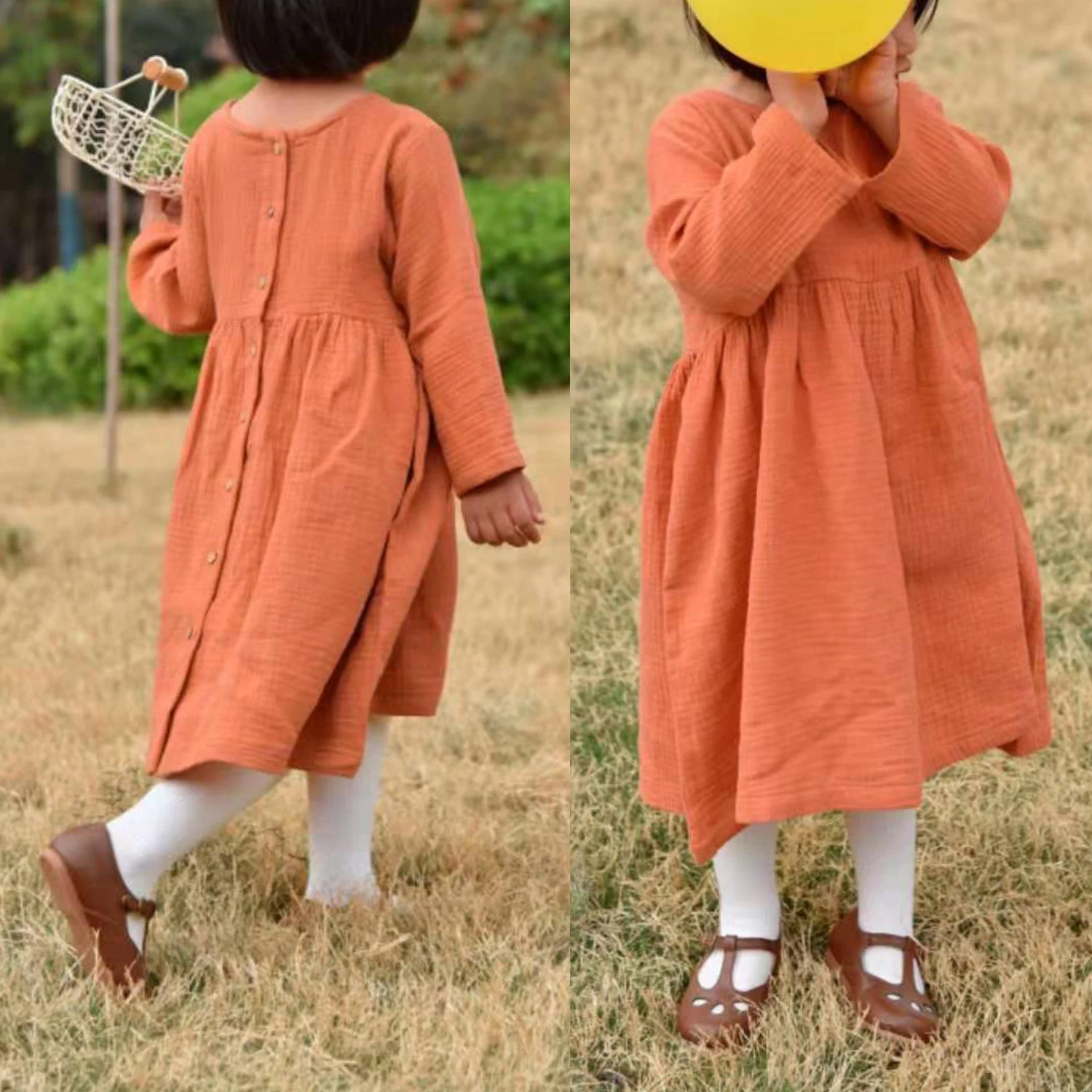 Autunno ragazze abiti solidi 0-5Y maniche lunghe principessa abiti Casual con fibbia decorativa bambini 100% cotone lino Costume