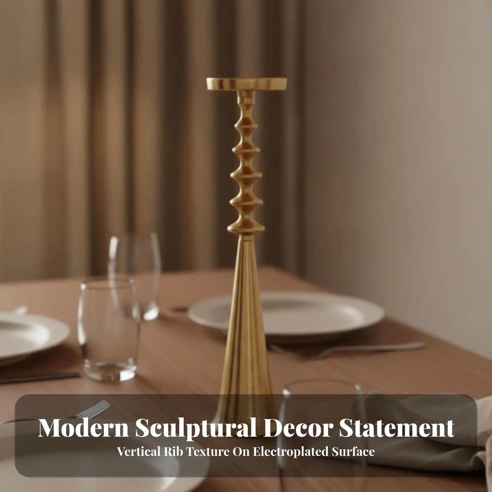 Tall Candle Holder Gold Finish Slim Conical Stem for Reading Corner Tabletop Decor