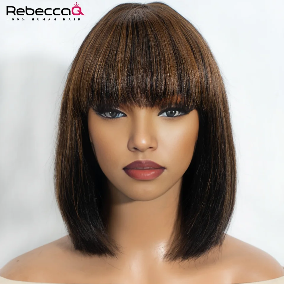 Straight Short Bob Wigs Human Hair Wig With Bangs Peruvian Remy Full Machine Made Wig for Women Brown Honey Color Bob Wig