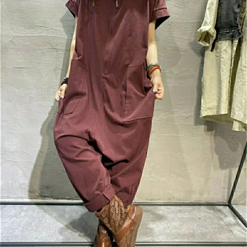 

Casual Jumpsuits New Summer Thin Loose Oversized Slim Short-sleeved Playsuits Casual Solid Pocket Vintage Overalls for Women