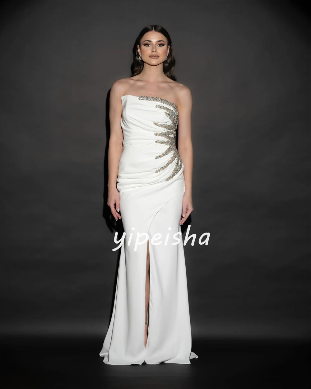 Sparkle Exquisite High Quality Jersey Draped Pleat Sequined Beach A-line Strapless Bespoke Occasion Gown Long Dresses