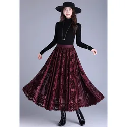 New Mesh Half length Long Skirt Retro Women's High Waist Mid length Elastic Waist Large Swing Skirts