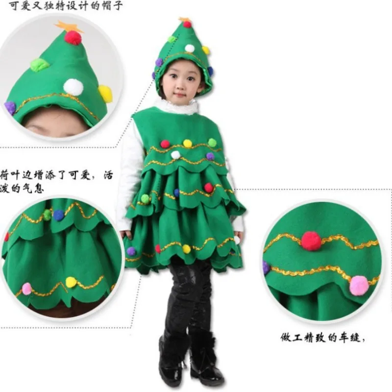 2025 Childrens Christmas Tree Dress Cosplay Costume for Girl Boy Party 2 Pieces Set Green Sleeveless Plush Ball Tops and Hat Set