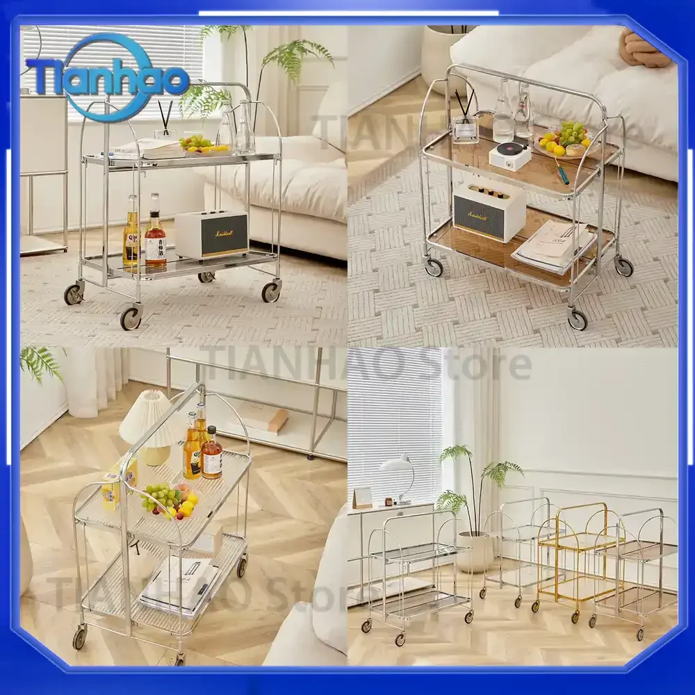 9U Medieval Tempered Glass Trolley Folding Mobile Side Table for Living Room Ins Transparent Coffee Table with Stainless