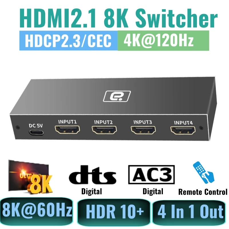 HDMI2.1 8K Switch 4 In 1 Out 4K@120KHz Switcher For TV Box PS4 HDMI-compatible Splitter For PS TV Projector PC Gaming Notebook