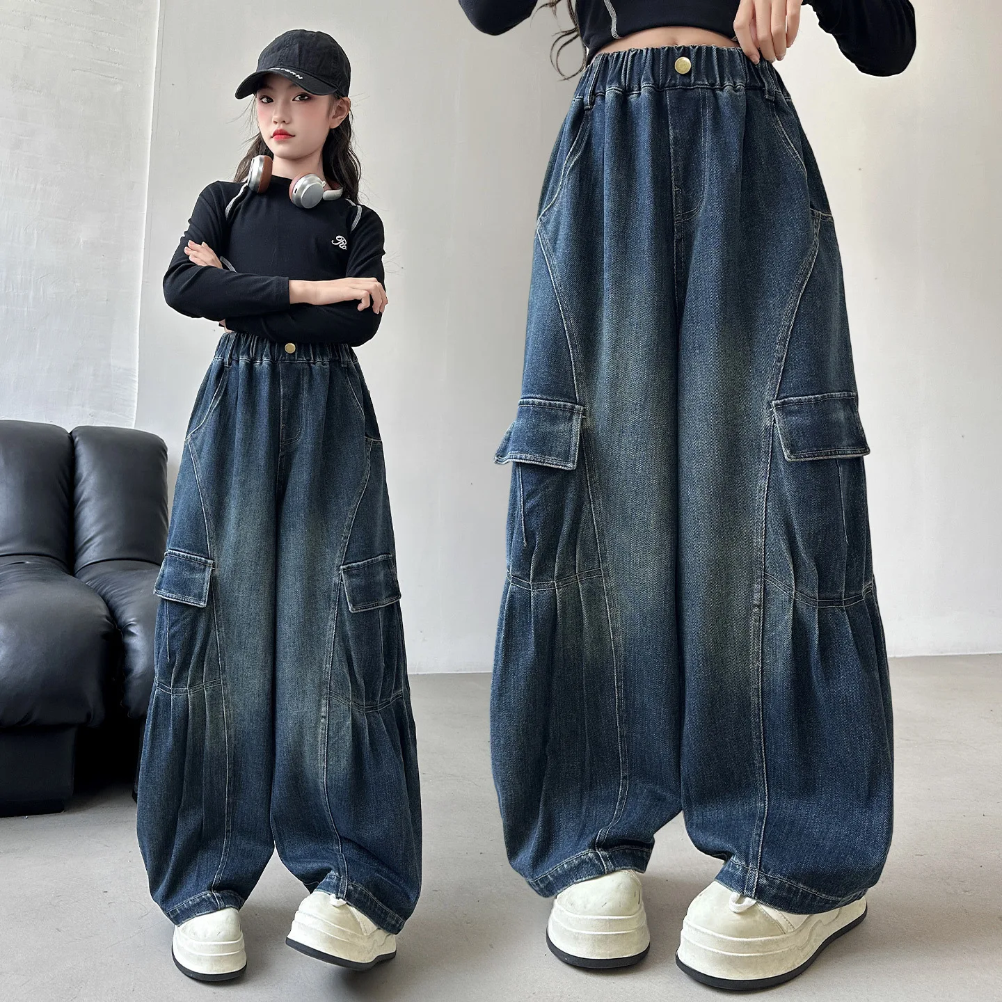 أطفال الخريف الجينز مع جيب للفتيات Y2K موضة شارع العليا الدنيم السراويل المراهقين الطفل فضفاض البضائع الجينز السراويل ﻿