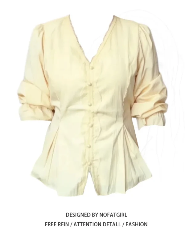 

Женская блузка больших размеров с кружевными вставками и длинным рукавом, летняя коллекция 2026, в корейском стиле, с эффектом похудения, V-образный вырез, для повседневной носки