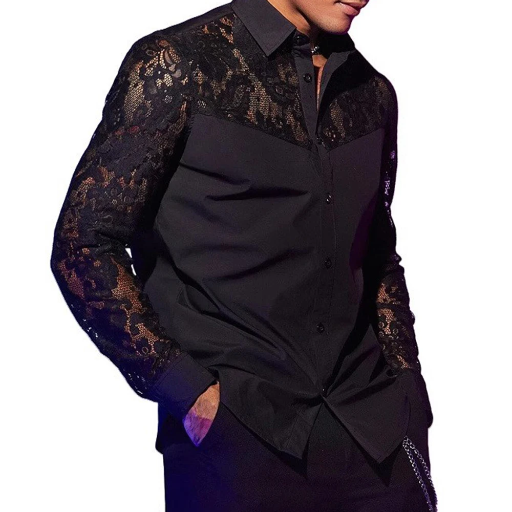 Mens Trendy Sexy Lace Stitching Long-Sleeved Shirt Autumn New High-Quality Sexy Fashion Elegant Casual Personality Tops For Men