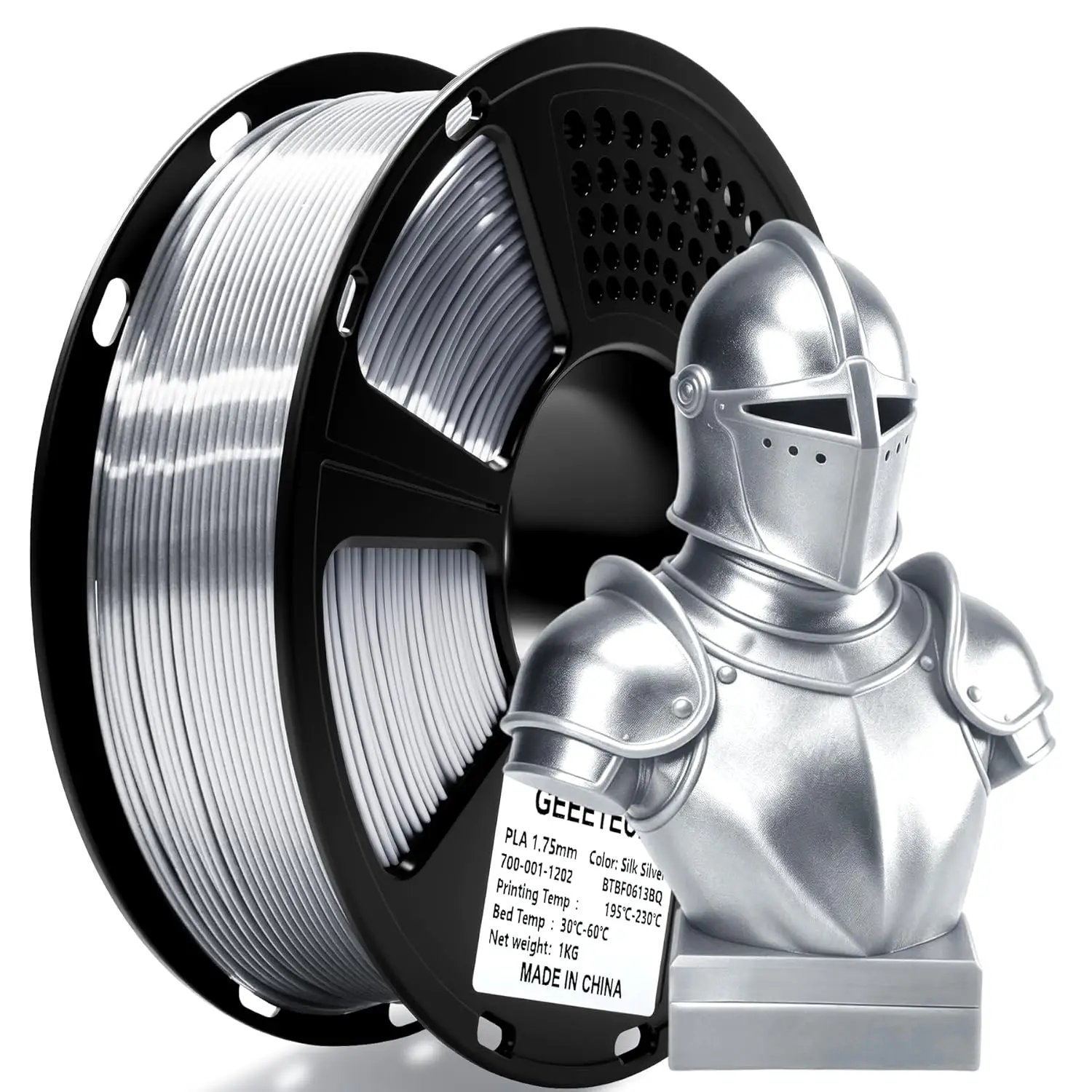 

Silk PLA Filament 1.75mm for 3D Printer, Metallic Silver Shiny 1kg Spool, Dimensional Accuracy +/- 0.02mm, Anti-Warping