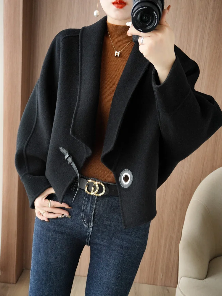 

Autumn and Winter New Women's Coat 100% Wool Short Chic Woolen Coat Solid Color Large Lapel Trendy Jacket Women's Clothing