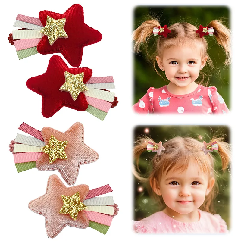 

2pcs Playful Velvet Star Hair Clips For Girls Adorable Pastel Ribbon Trendy Accessory Stylish Cute Headwear Kids Daily Hairstyle