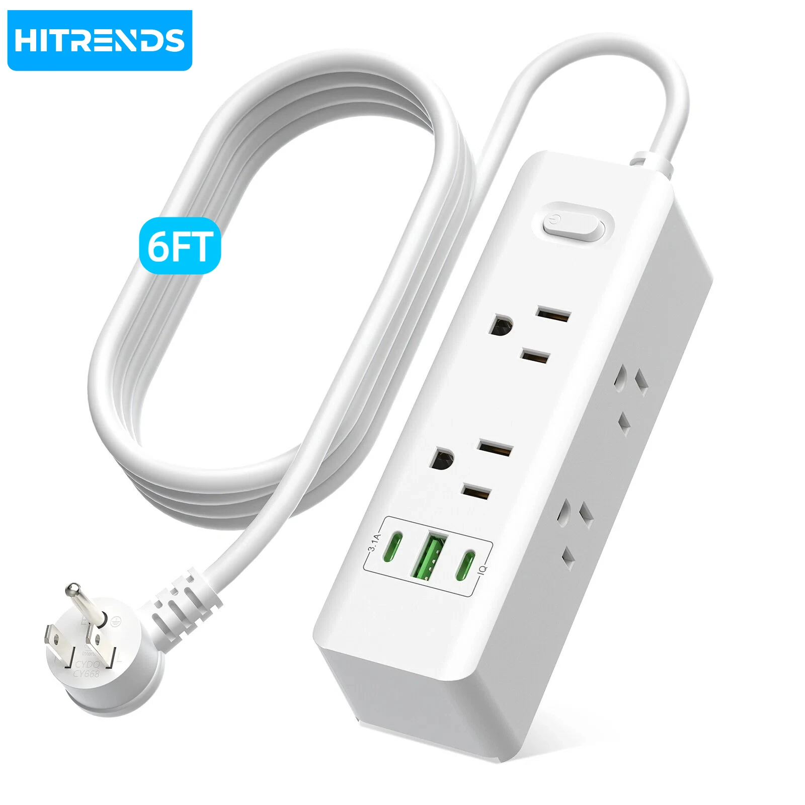 

9-in-1 multi-functional power socket, 6AC+3USB fast charging, flat 45° plug 6-foot extension cable, suitable for home and travel