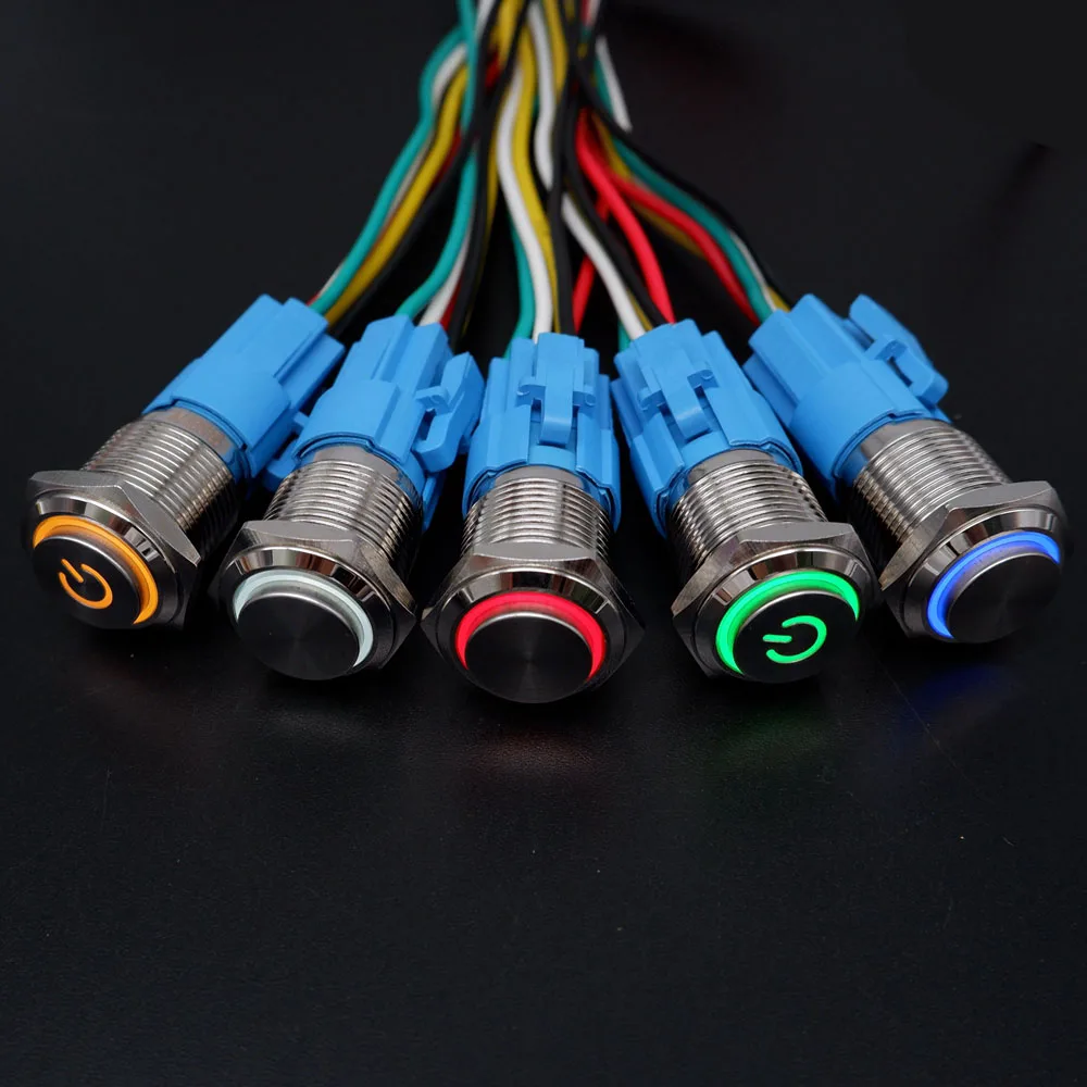 20pcs 16mm 19mm 22mm Metal Push Button Switch LED Light Waterproof Momentary Latching 12V Car Engine Power Switch 24V 220V Blue