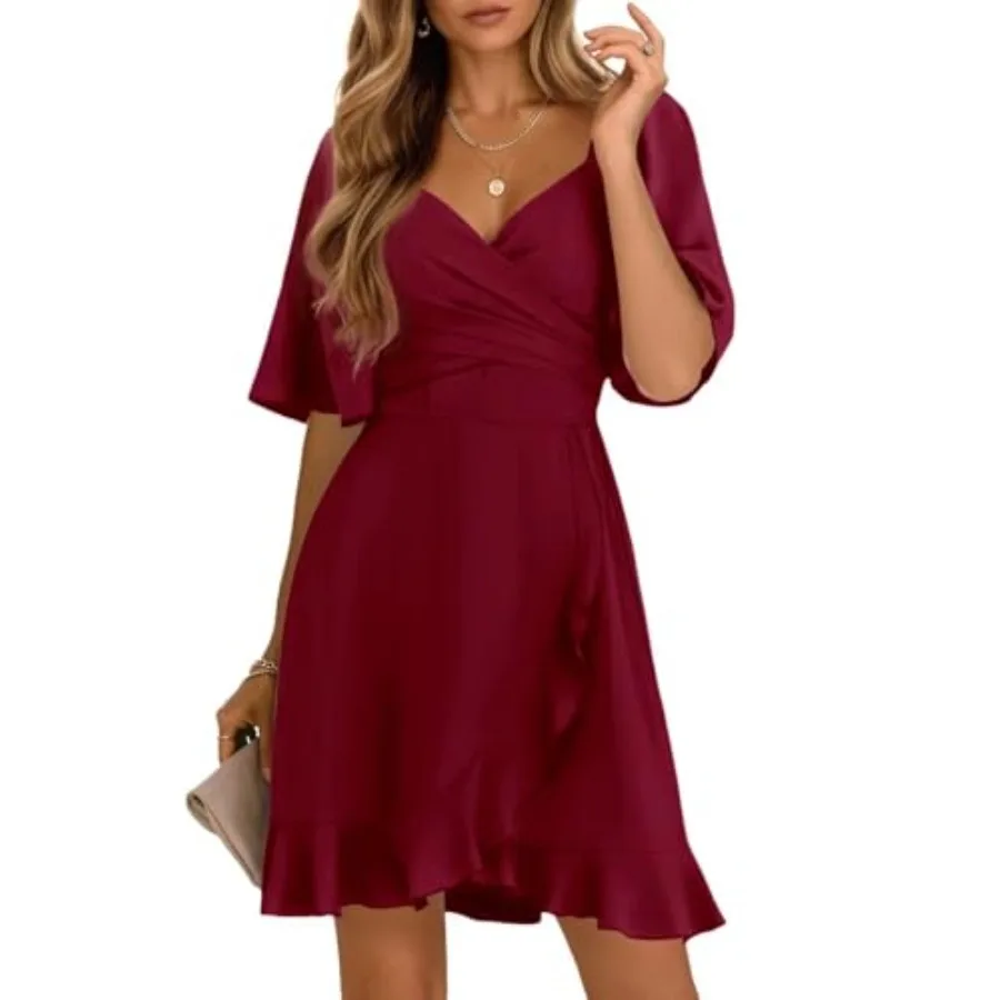 

Dokotoo Women's Wrap V Neck Short Flared Sleeve Wedding Guest Dress Smocked Elastic Waist Tiered Belted Ruffle Hem Mini Dress