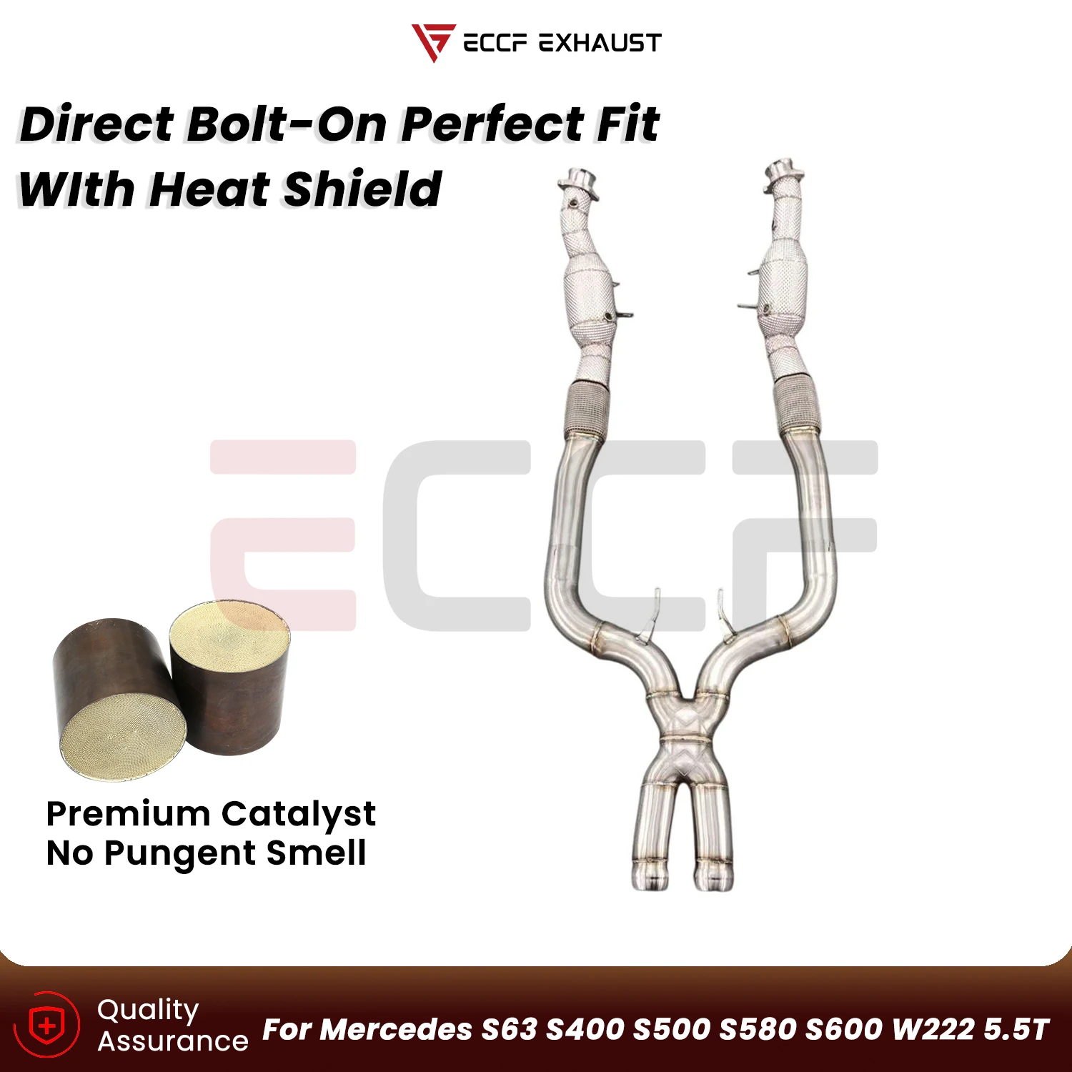 

Sporty Downpipe With Heat Shield For Mercedes S63 S400 S500 S580 S600 W222 5.5T Aggressive Exhaust Sound Plug and Play