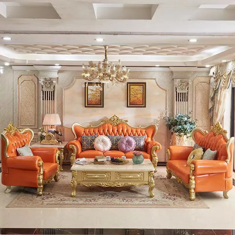 HTSofa leather living room double-sided carved home solid wood sofa champagne gold Ready to ship and purchase with peace of mind