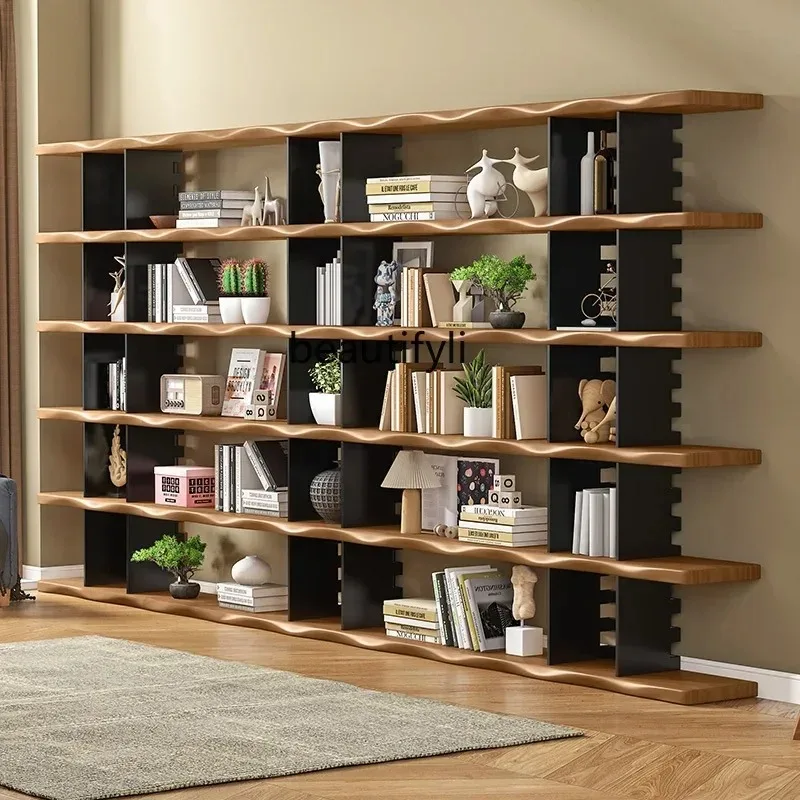

A55 Y American solid wood bookshelf against the wall display shelf background wall wrought iron bookcase floor
