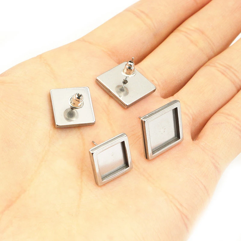 10 szt. 10/12mm rozmiar wewnętrzny ze stali nierdzewnej kwadratowe kolczyki z pustą podstawą grube kolczyki tace kaboszon DIY biżuteria — zdjęcie 7