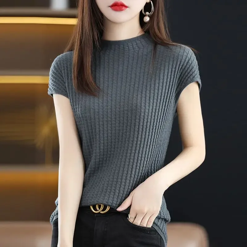 Vintage Half High Collar Women Short Sleeve Knitted T-shirt Spring Summer Versatile Pullover Bottoming Korean Fashion Casual Top