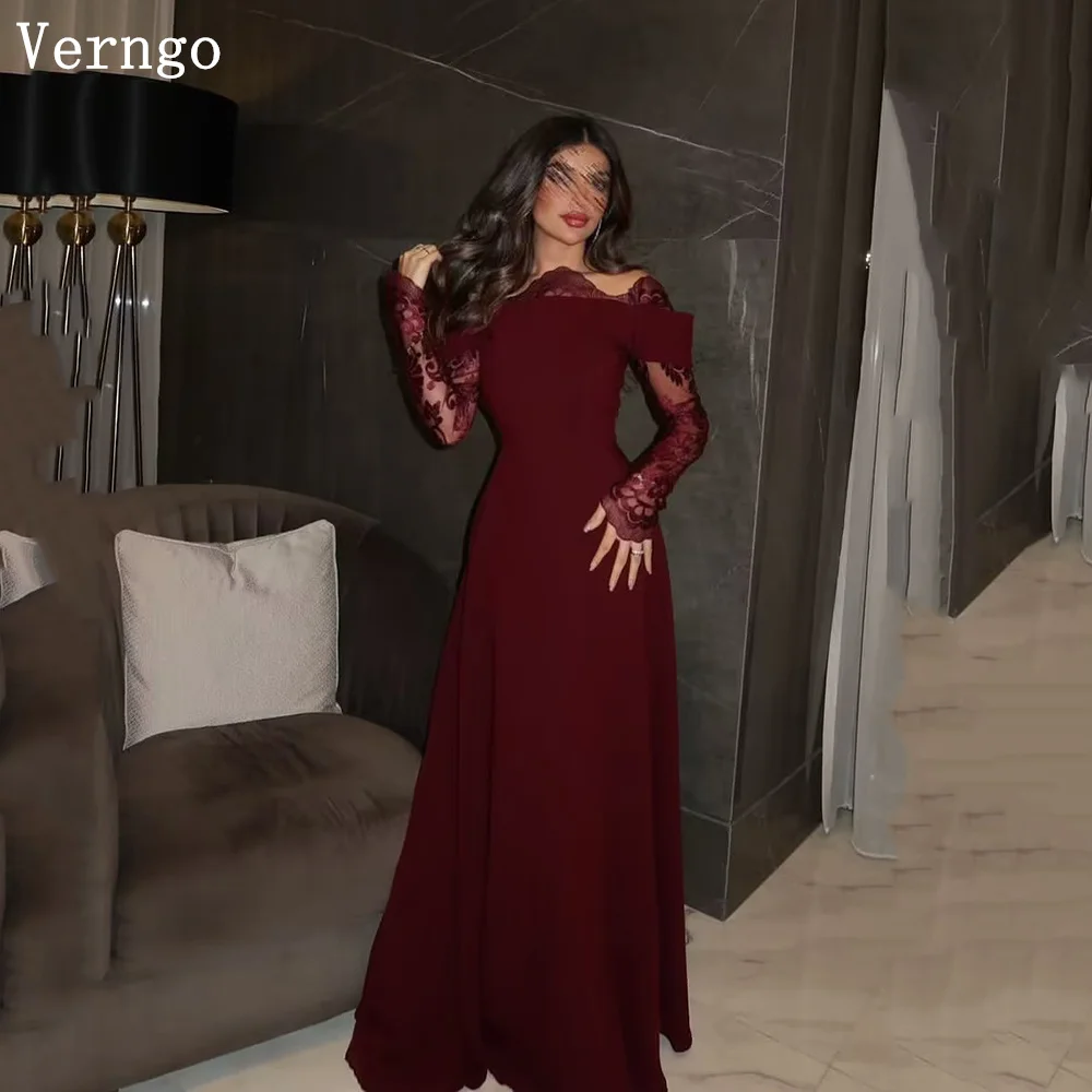 Verngo Burgundy Crepe Evening Dress Off The Shoulder A Line Full Sleeves Lace Prom Gown Elegant Prom Party Dresses Customized