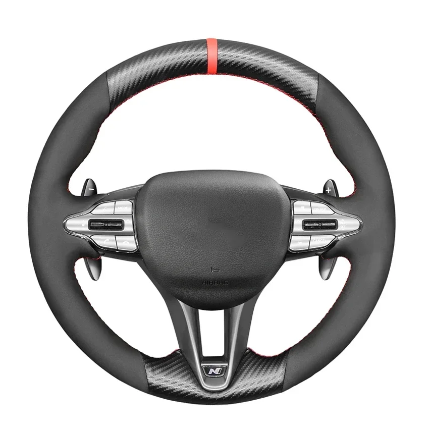 Czarny pokrowiec na kierownicę z sztucznego zamszu i włókna węglowego do Hyundai Veloster N 2019-2022, i30 N, i20 N 2017-2022, Elantra N, Kona N 2022