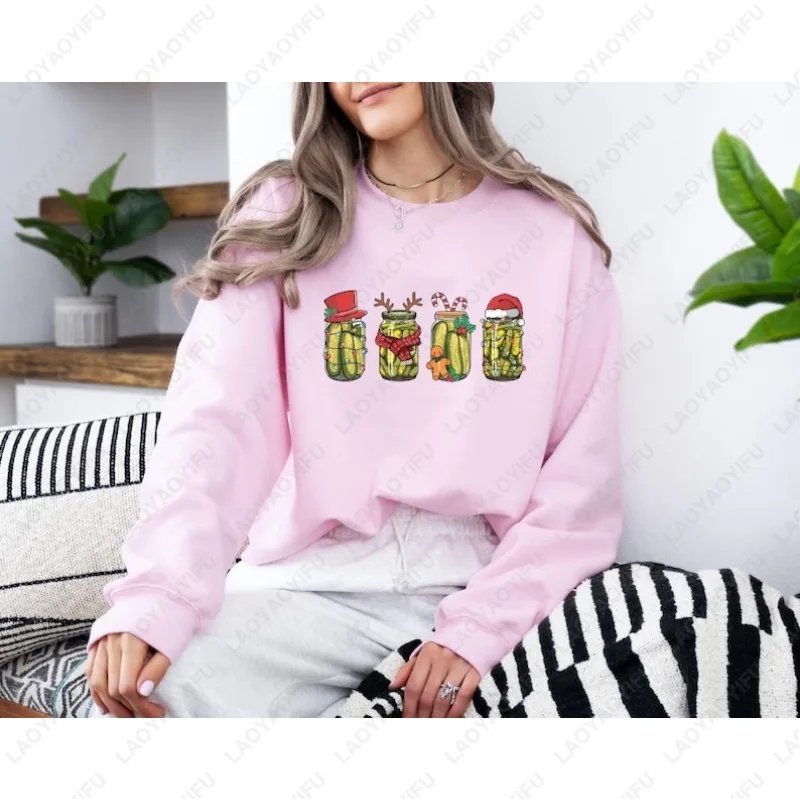 Vintage Pickles Christmas Men Women Sweatshirt Canned Pickles Canning Crewneck Hoodie Pickle Lover New Year Xmas Pullover Gift